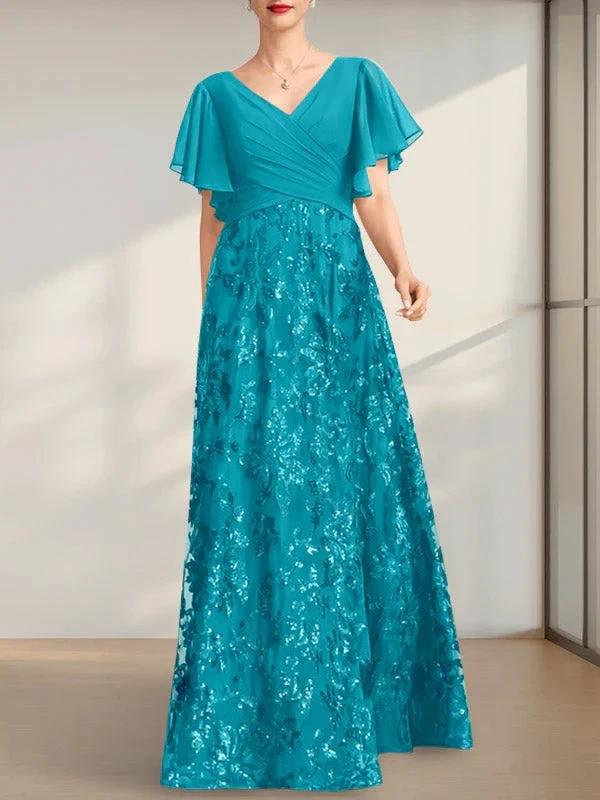 A-line V-Neck Floor-Length Lace Sequin Chiffon Mother of the Bride Dress With Pleated - Image 28