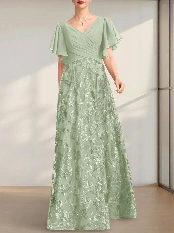 A-line V-Neck Floor-Length Lace Sequin Chiffon Mother of the Bride Dress With Pleated - Image 29