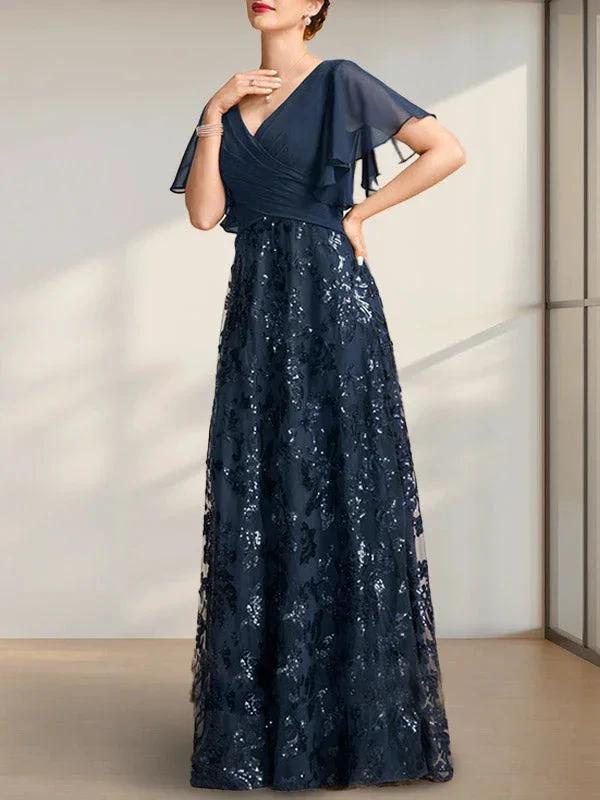 A-line V-Neck Floor-Length Lace Sequin Chiffon Mother of the Bride Dress With Pleated - Image 3