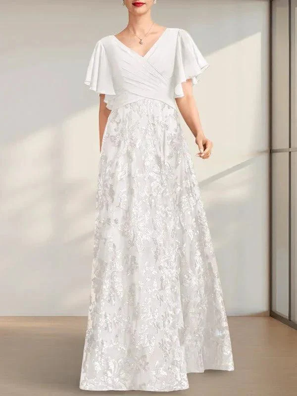A-line V-Neck Floor-Length Lace Sequin Chiffon Mother of the Bride Dress With Pleated - Image 30