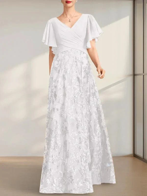 A-line V-Neck Floor-Length Lace Sequin Chiffon Mother of the Bride Dress With Pleated - Image 31