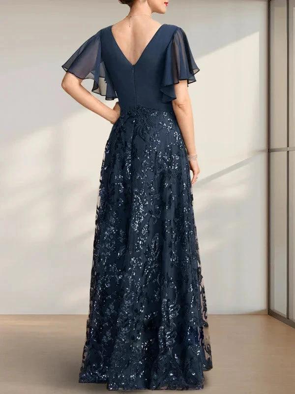 A-line V-Neck Floor-Length Lace Sequin Chiffon Mother of the Bride Dress With Pleated - Image 4