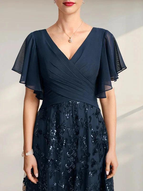 A-line V-Neck Floor-Length Lace Sequin Chiffon Mother of the Bride Dress With Pleated - Image 5