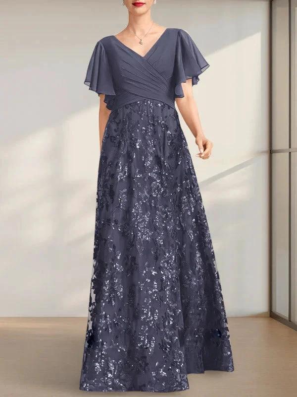 A-line V-Neck Floor-Length Lace Sequin Chiffon Mother of the Bride Dress With Pleated - Image 6