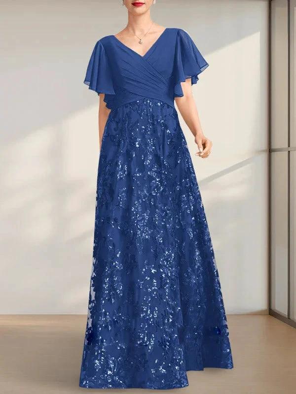 A-line V-Neck Floor-Length Lace Sequin Chiffon Mother of the Bride Dress With Pleated - Image 7