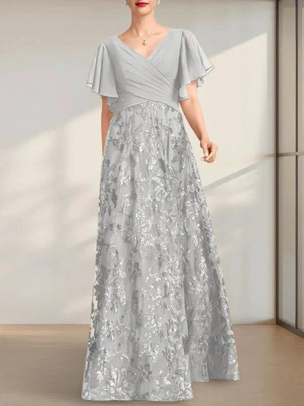 A-line V-Neck Floor-Length Lace Sequin Chiffon Mother of the Bride Dress With Pleated - Image 8