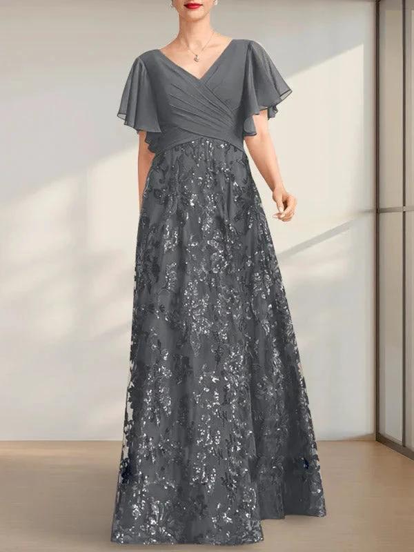 A-line V-Neck Floor-Length Lace Sequin Chiffon Mother of the Bride Dress With Pleated - Image 9