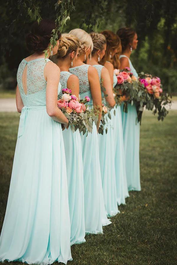 A-Line V-Neck Floor-Length Mint Chiffon Bridesmaid Dress with Lace BD052 - Image 2