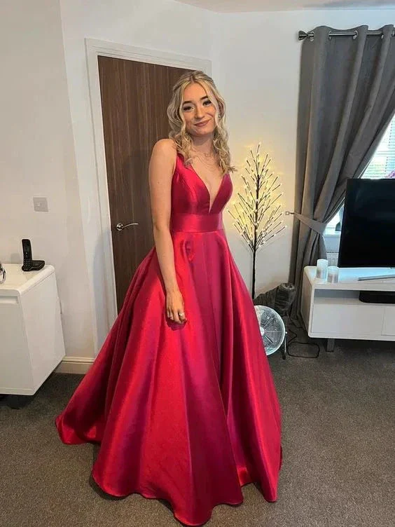 A-Line V Neck Floor-Length Red Evening Dress Y6035 - Image 2