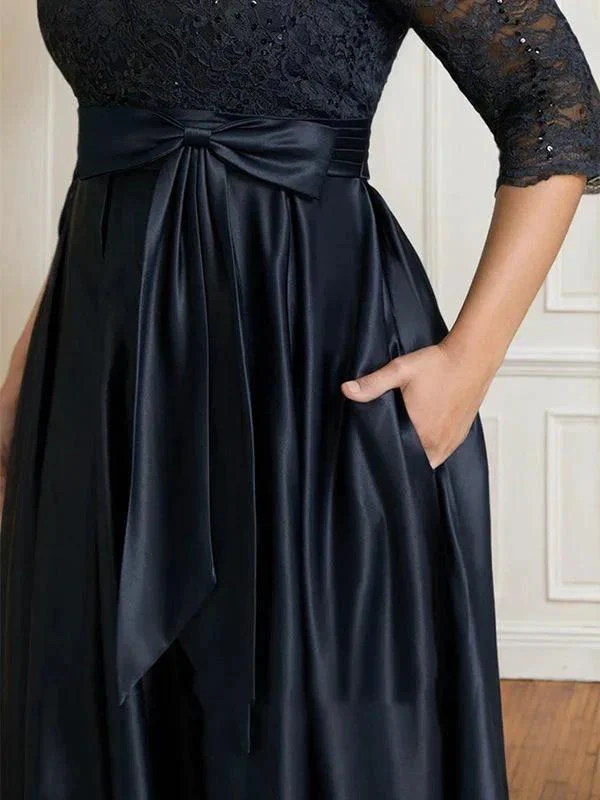 A-line V-Neck Floor-Length Satin Lace Mother of the Bride Dress With Sequins Bow - Image 10