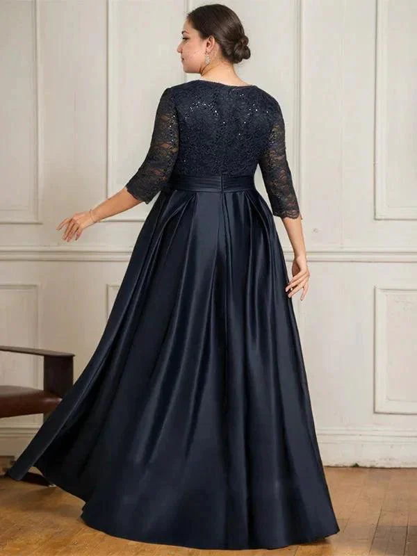 A-line V-Neck Floor-Length Satin Lace Mother of the Bride Dress With Sequins Bow - Image 11