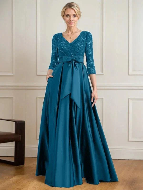 A-line V-Neck Floor-Length Satin Lace Mother of the Bride Dress With Sequins Bow - Image 12