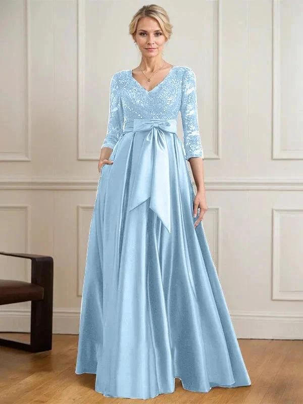 A-line V-Neck Floor-Length Satin Lace Mother of the Bride Dress With Sequins Bow - Image 13