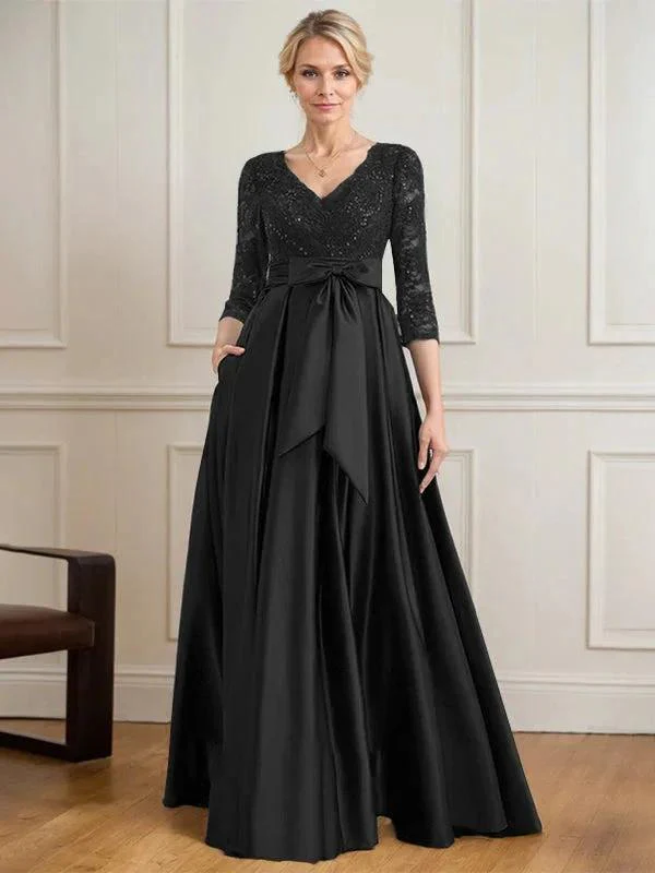 A-line V-Neck Floor-Length Satin Lace Mother of the Bride Dress With Sequins Bow - Image 14
