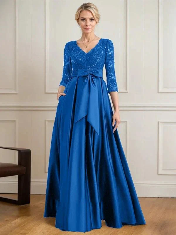 A-line V-Neck Floor-Length Satin Lace Mother of the Bride Dress With Sequins Bow - Image 15