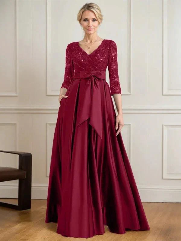 A-line V-Neck Floor-Length Satin Lace Mother of the Bride Dress With Sequins Bow - Image 16