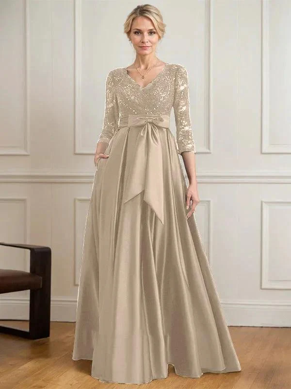 A-line V-Neck Floor-Length Satin Lace Mother of the Bride Dress With Sequins Bow - Image 17