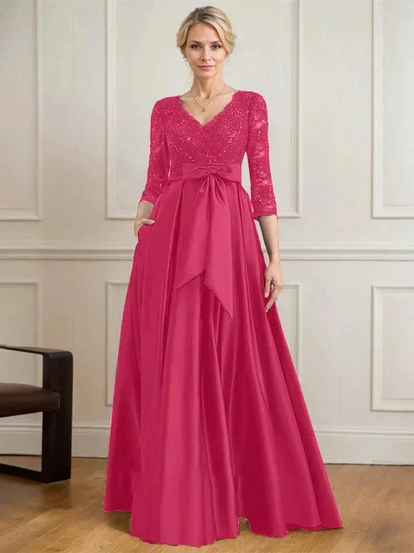 A-line V-Neck Floor-Length Satin Lace Mother of the Bride Dress With Sequins Bow - Image 18