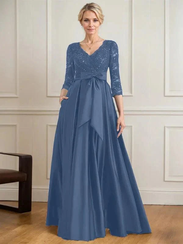 A-line V-Neck Floor-Length Satin Lace Mother of the Bride Dress With Sequins Bow - Image 19