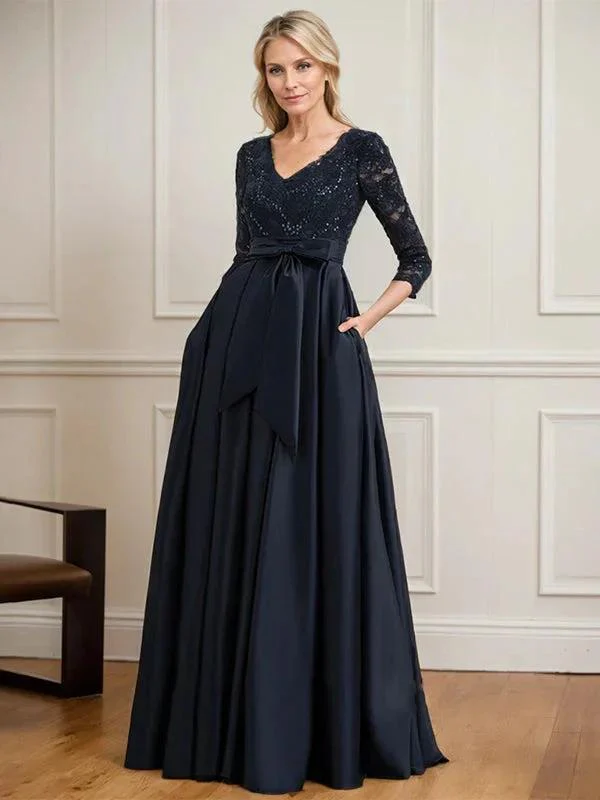 A-line V-Neck Floor-Length Satin Lace Mother of the Bride Dress With Sequins Bow - Image 2