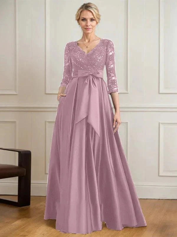 A-line V-Neck Floor-Length Satin Lace Mother of the Bride Dress With Sequins Bow - Image 20
