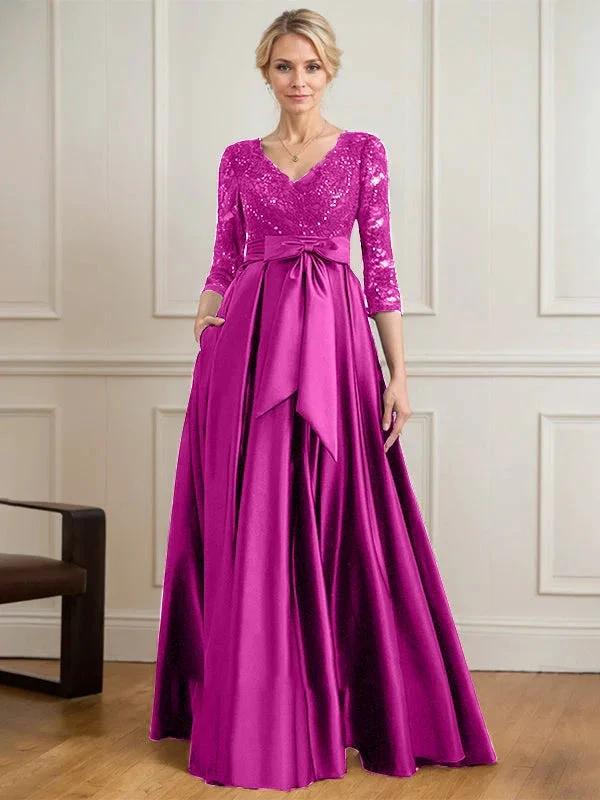 A-line V-Neck Floor-Length Satin Lace Mother of the Bride Dress With Sequins Bow - Image 21