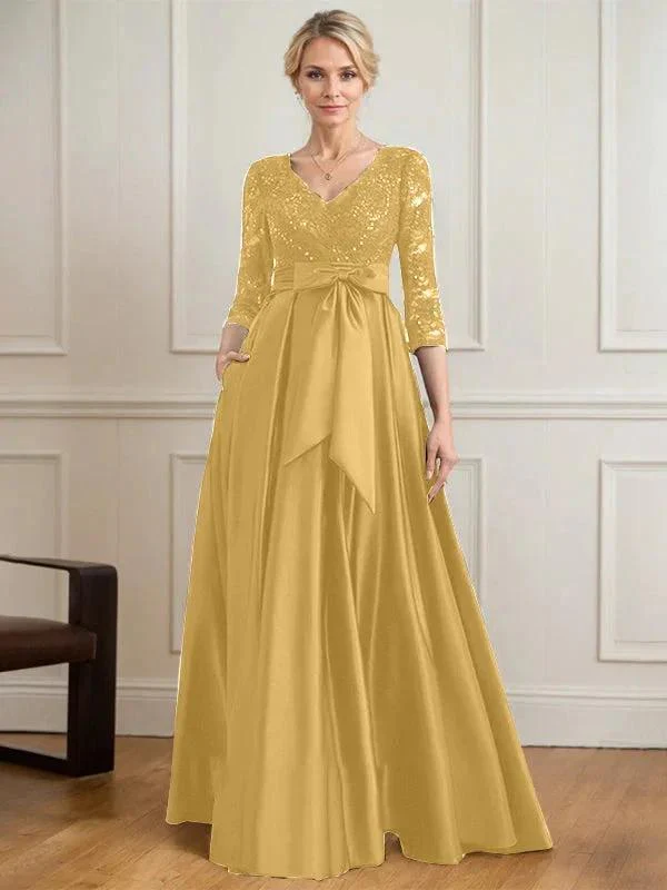A-line V-Neck Floor-Length Satin Lace Mother of the Bride Dress With Sequins Bow - Image 22