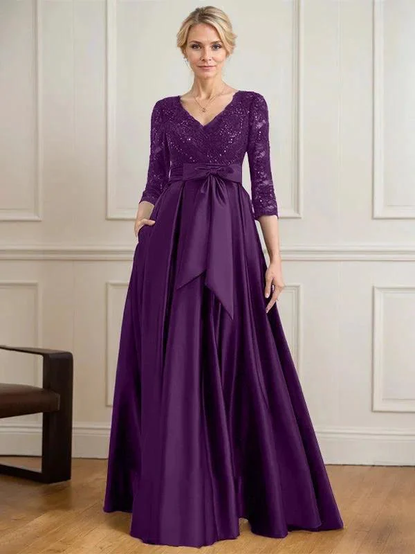 A-line V-Neck Floor-Length Satin Lace Mother of the Bride Dress With Sequins Bow - Image 23