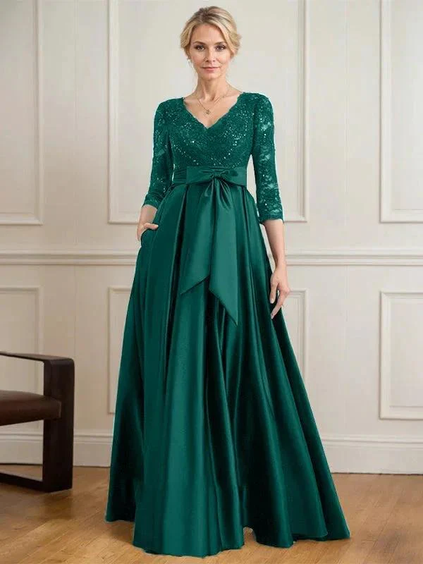 A-line V-Neck Floor-Length Satin Lace Mother of the Bride Dress With Sequins Bow - Image 24