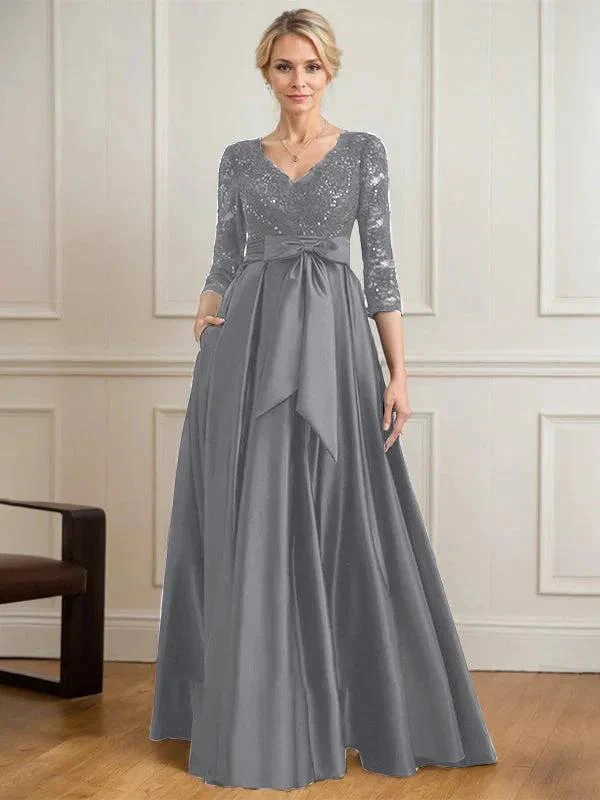 A-line V-Neck Floor-Length Satin Lace Mother of the Bride Dress With Sequins Bow - Image 25