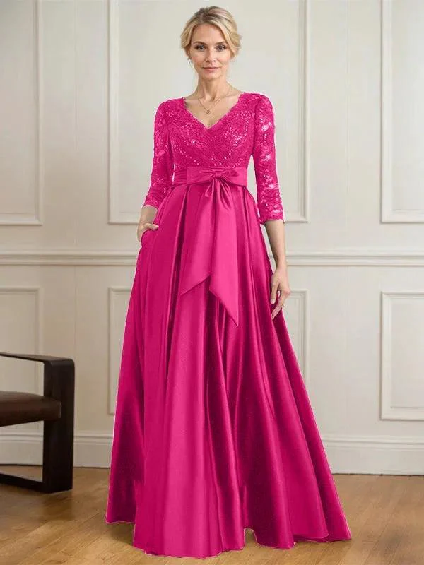 A-line V-Neck Floor-Length Satin Lace Mother of the Bride Dress With Sequins Bow - Image 26