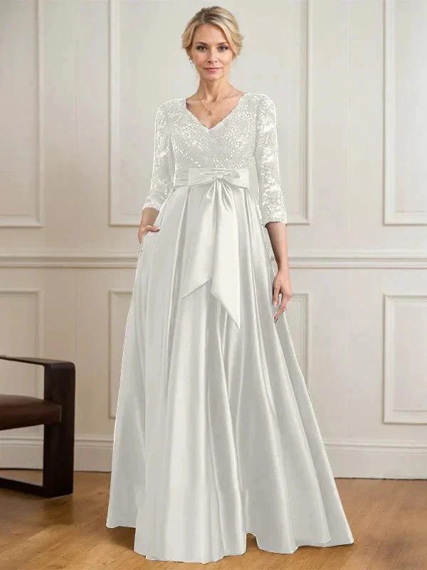 A-line V-Neck Floor-Length Satin Lace Mother of the Bride Dress With Sequins Bow - Image 27