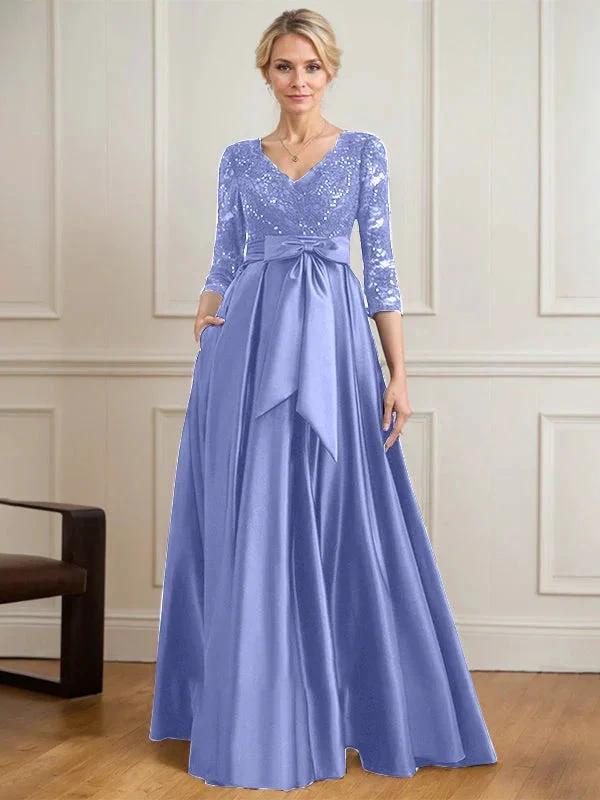 A-line V-Neck Floor-Length Satin Lace Mother of the Bride Dress With Sequins Bow - Image 28