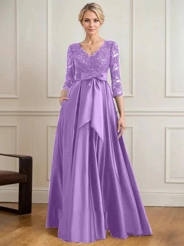 A-line V-Neck Floor-Length Satin Lace Mother of the Bride Dress With Sequins Bow - Image 29