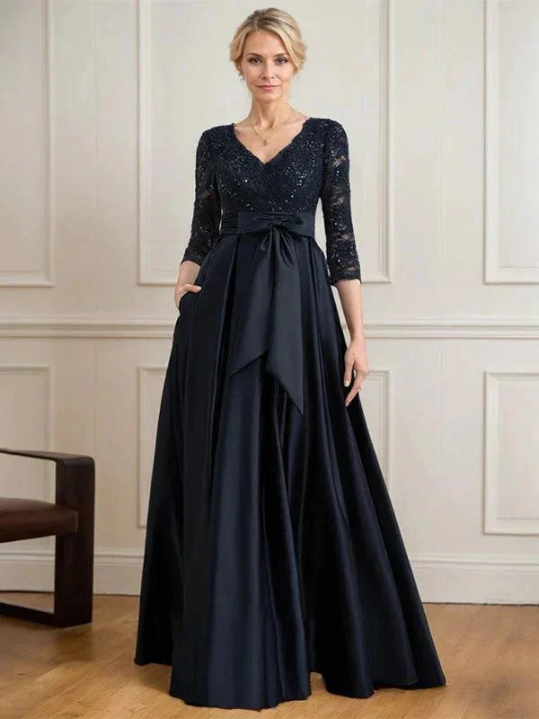 A-line V-Neck Floor-Length Satin Lace Mother of the Bride Dress With Sequins Bow - Image 3