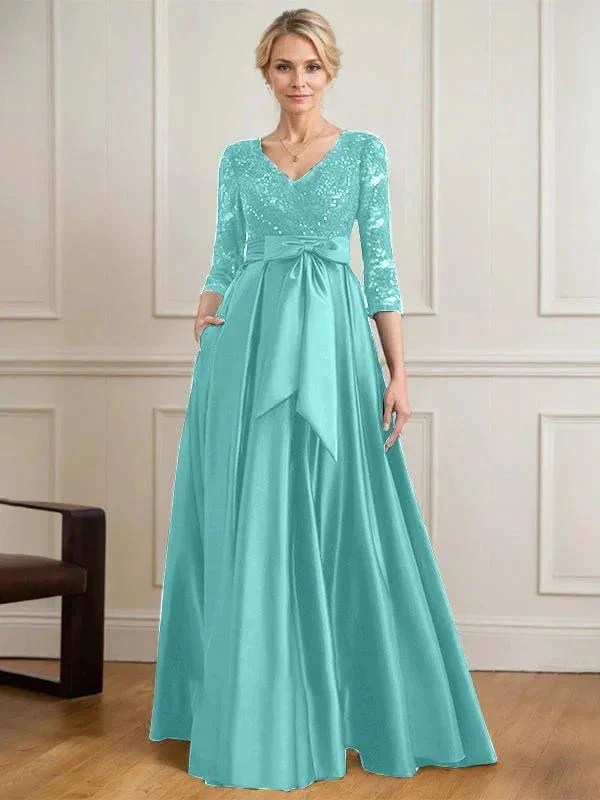 A-line V-Neck Floor-Length Satin Lace Mother of the Bride Dress With Sequins Bow - Image 30