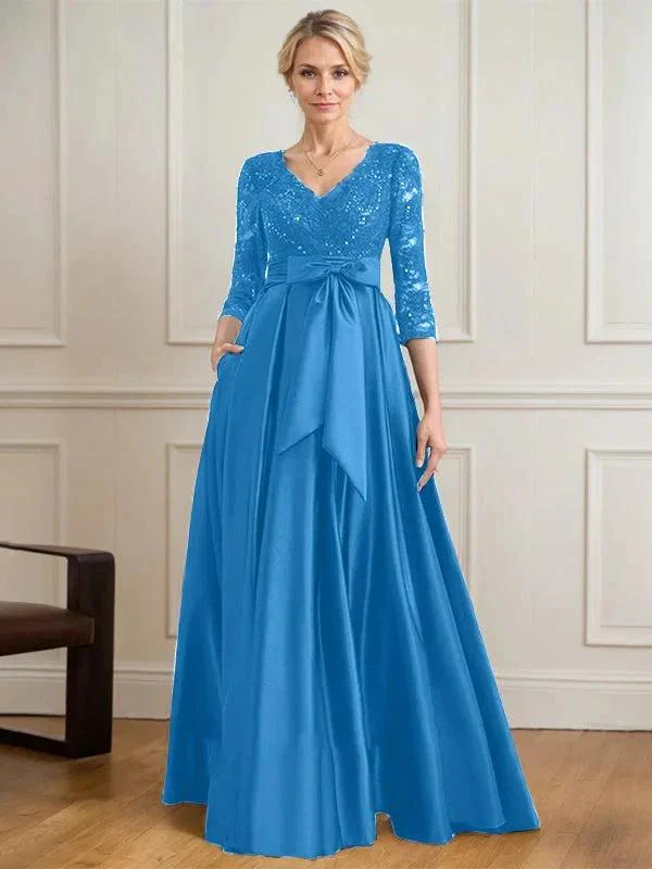 A-line V-Neck Floor-Length Satin Lace Mother of the Bride Dress With Sequins Bow - Image 32
