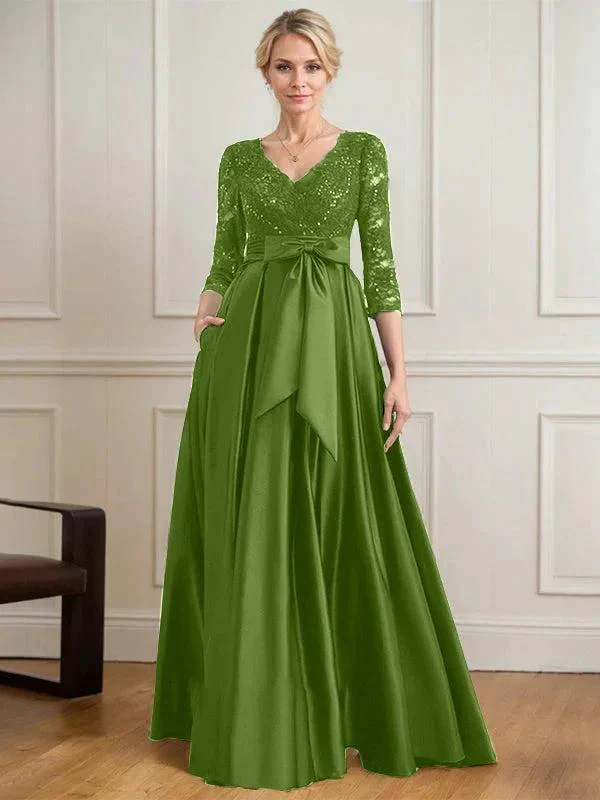 A-line V-Neck Floor-Length Satin Lace Mother of the Bride Dress With Sequins Bow - Image 33
