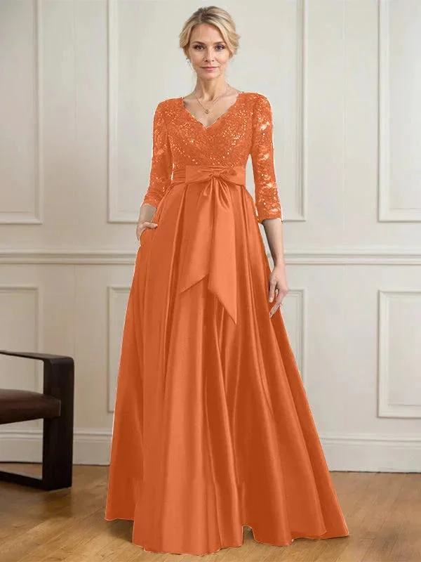A-line V-Neck Floor-Length Satin Lace Mother of the Bride Dress With Sequins Bow - Image 34