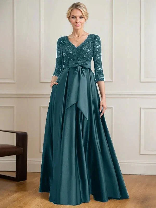 A-line V-Neck Floor-Length Satin Lace Mother of the Bride Dress With Sequins Bow - Image 35
