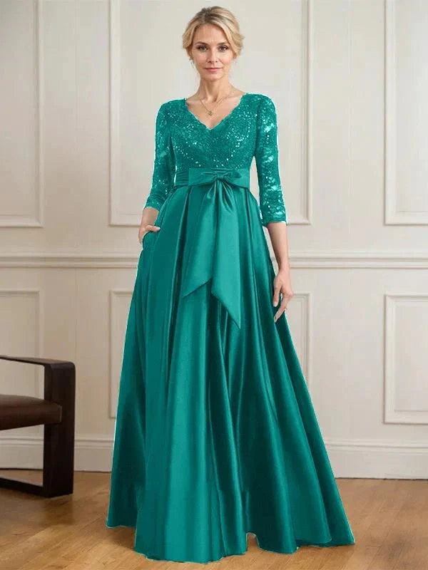 A-line V-Neck Floor-Length Satin Lace Mother of the Bride Dress With Sequins Bow - Image 36