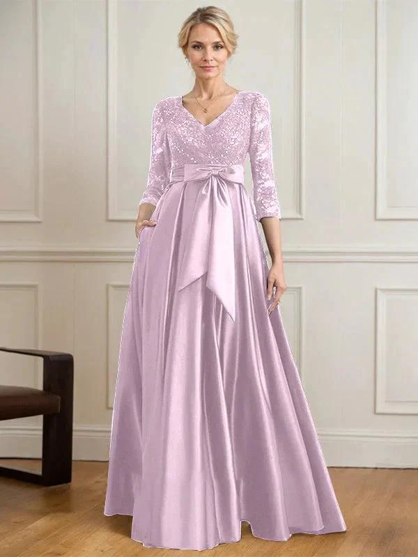 A-line V-Neck Floor-Length Satin Lace Mother of the Bride Dress With Sequins Bow - Image 37