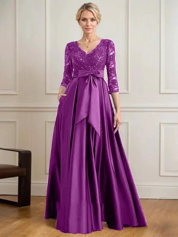 A-line V-Neck Floor-Length Satin Lace Mother of the Bride Dress With Sequins Bow - Image 38