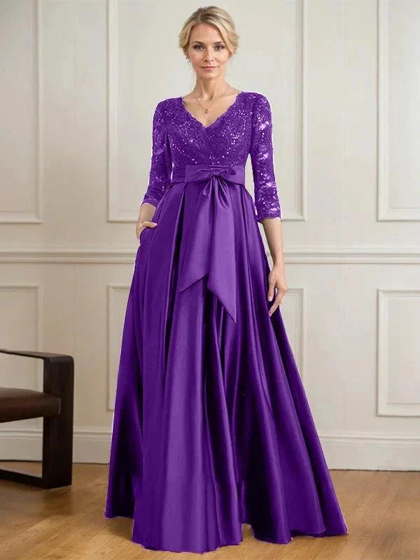 A-line V-Neck Floor-Length Satin Lace Mother of the Bride Dress With Sequins Bow - Image 39