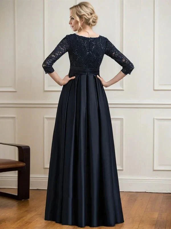 A-line V-Neck Floor-Length Satin Lace Mother of the Bride Dress With Sequins Bow - Image 4
