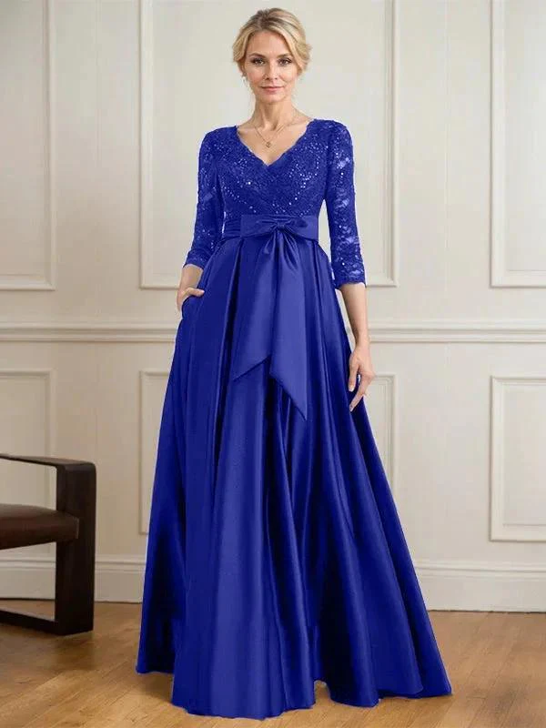 A-line V-Neck Floor-Length Satin Lace Mother of the Bride Dress With Sequins Bow - Image 41