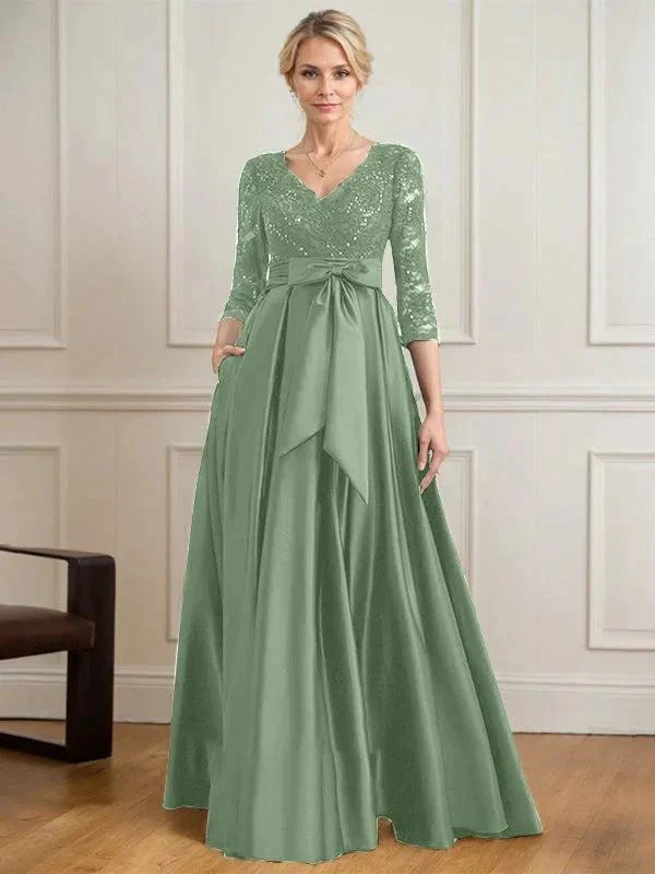 A-line V-Neck Floor-Length Satin Lace Mother of the Bride Dress With Sequins Bow - Image 42