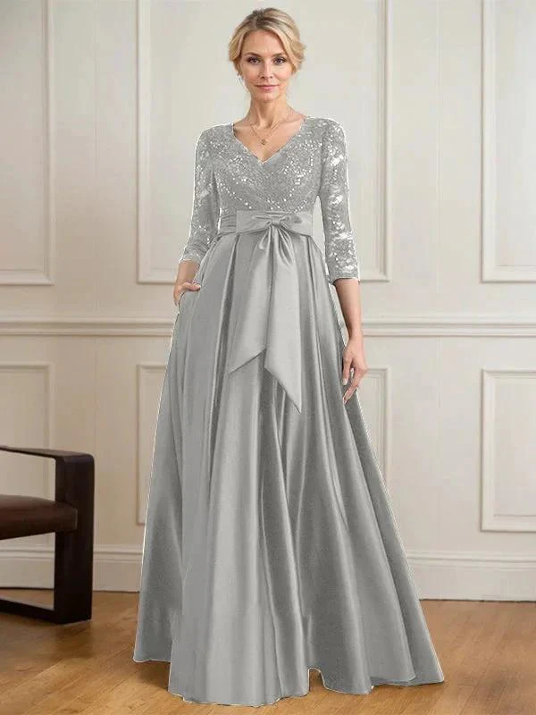 A-line V-Neck Floor-Length Satin Lace Mother of the Bride Dress With Sequins Bow - Image 43