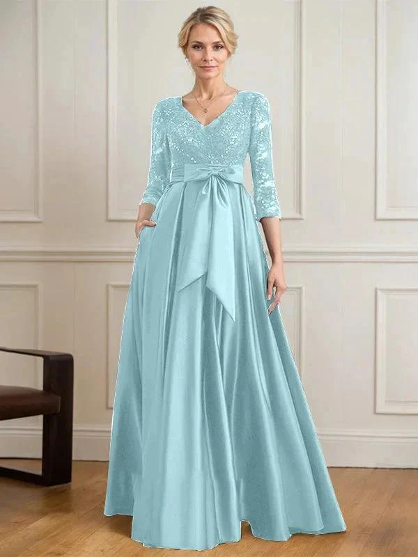 A-line V-Neck Floor-Length Satin Lace Mother of the Bride Dress With Sequins Bow - Image 44