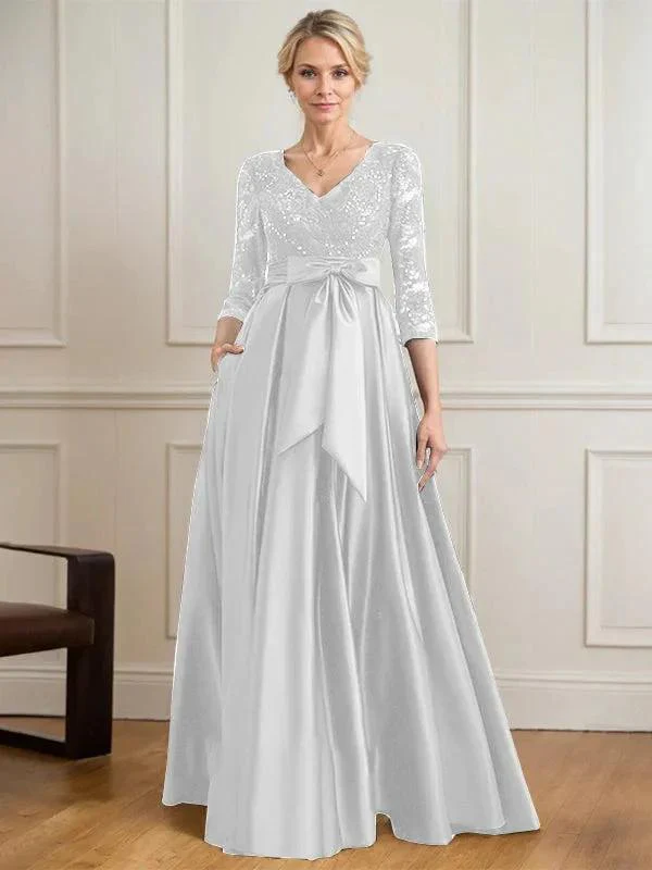 A-line V-Neck Floor-Length Satin Lace Mother of the Bride Dress With Sequins Bow - Image 45